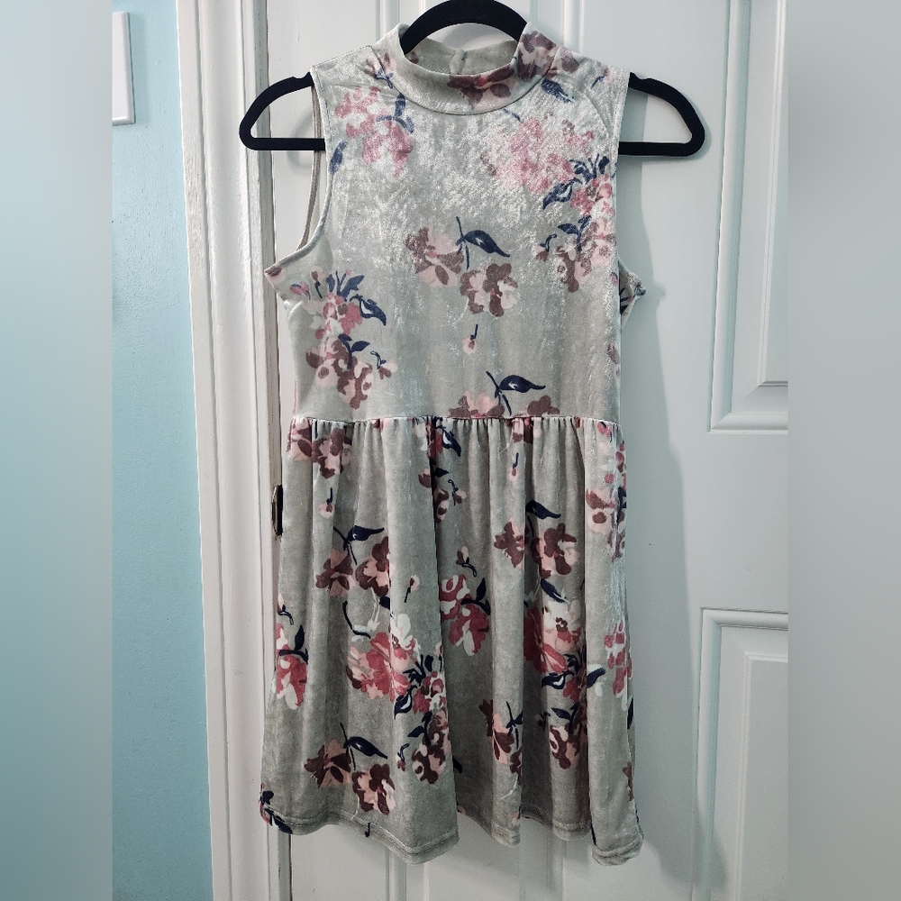 Charming Floral Kids Dress - Pink and Blue XL 14-16 Gray Stretchy Velvet NWT